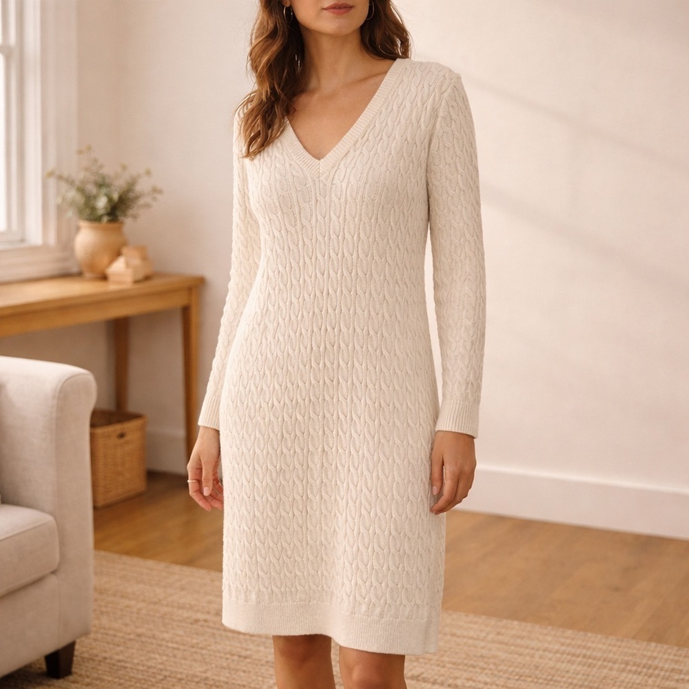 Cream Cable Knit Sweater Dress | V-Neck Long Sleeve Neutral Midi